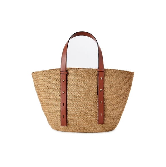 Women's Time and Tru Jute Pocket Beach Bag Tote Bag Vacation Bag Reusable Gold - Picture 3 of 5